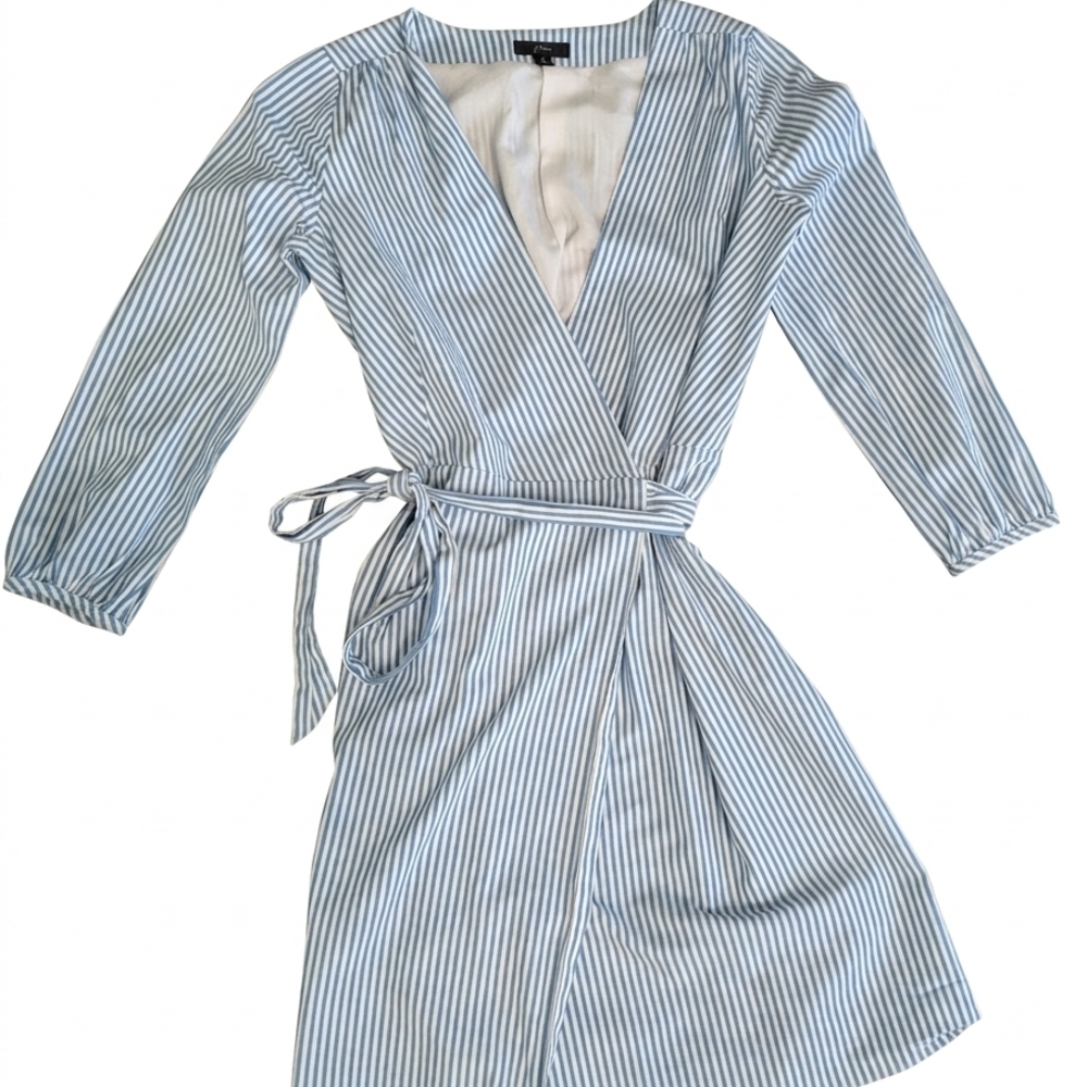 J.Crew Blue White Striped Faux Wrap Dress Cotton Stretch Lined Size 0 K0691 FA18